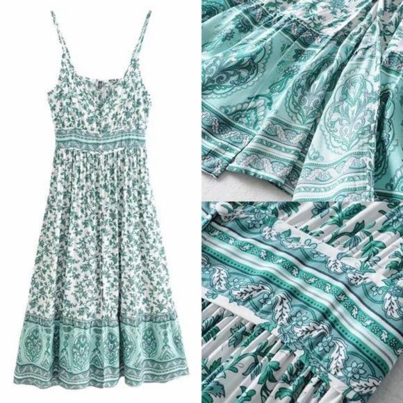 Boho Gypsy Floral Print Maxi Dress Turquoise Blue - Picture 6 of 7